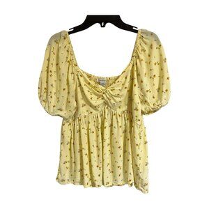 American Eagle Soft Yellow Floral Puff Sleeves Babydoll Top Milkmaid Size Small